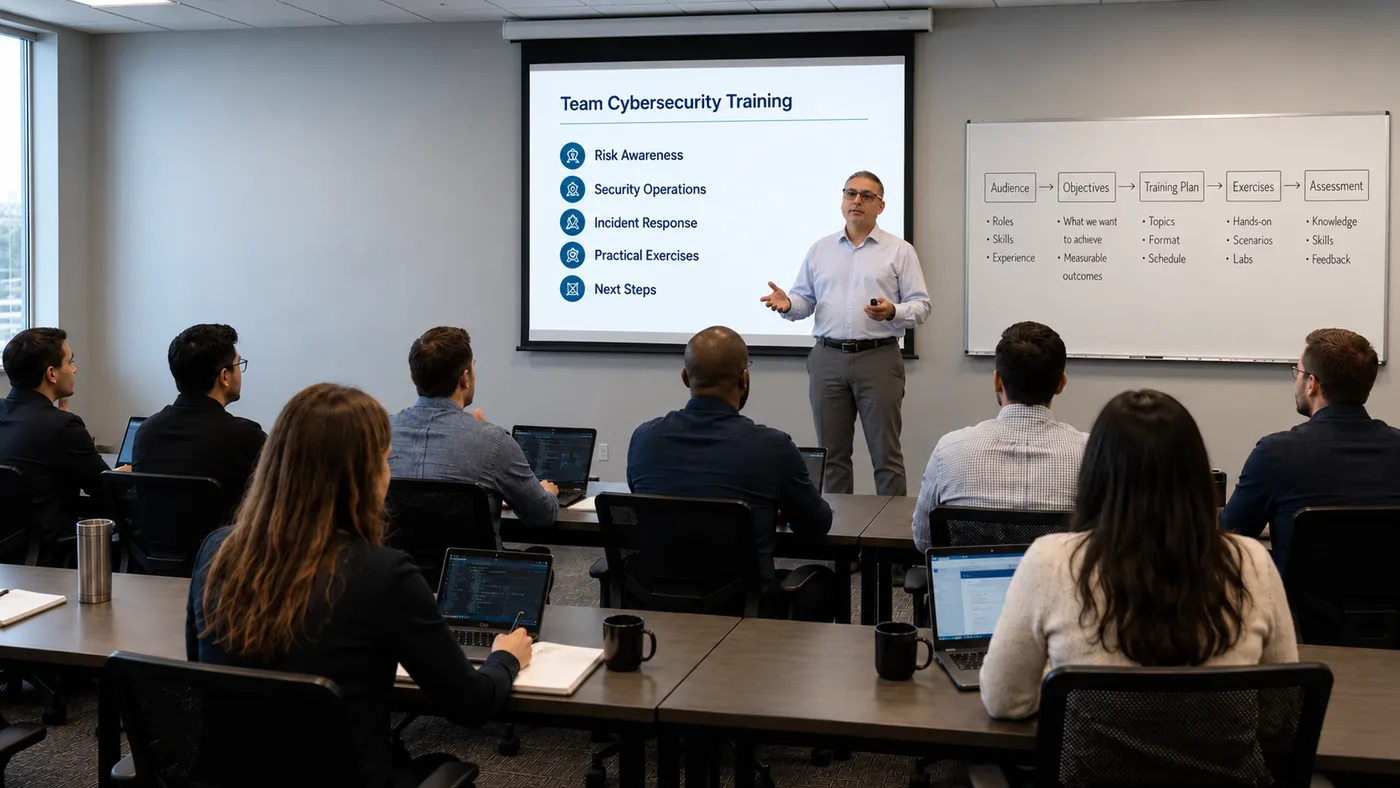 Ajay Menendez leading a team cybersecurity training session